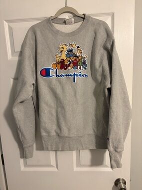 Champion Light Gray Crewneck with Colorful Sesame Street Patch